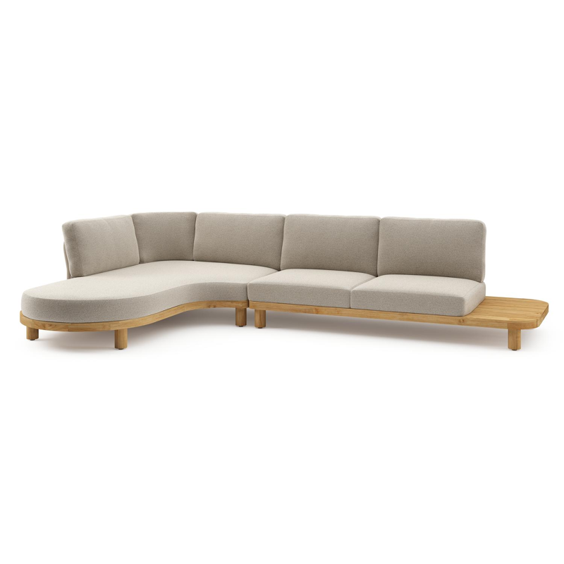 Salon de jardin d'angle Donato en teck et corde ronde tissée verticalement beige et coussins en All Weather Cosytica Catania Sand