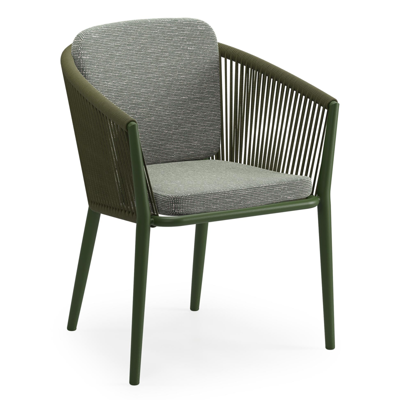 Orso tuinstoel in groen aluminium en groen verticaal geweven ronde rope met zitkussen in All Weather Sunbrella® Luxe Slow Fern