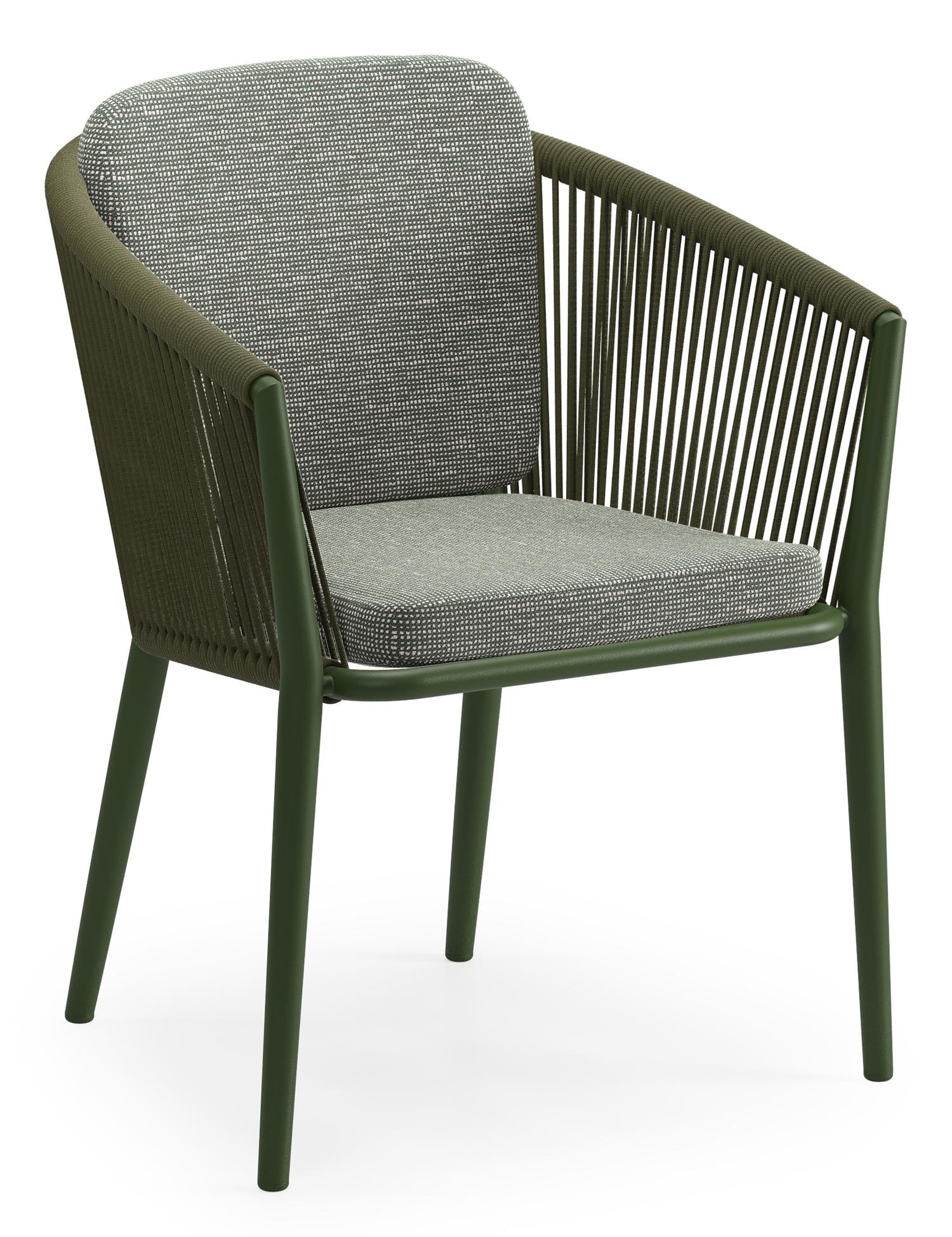 Chaise de jardin Orso en aluminium vert et corde ronde tissée verticalement vert avec coussin en All Weather Sunbrella® Luxe Slow Fern