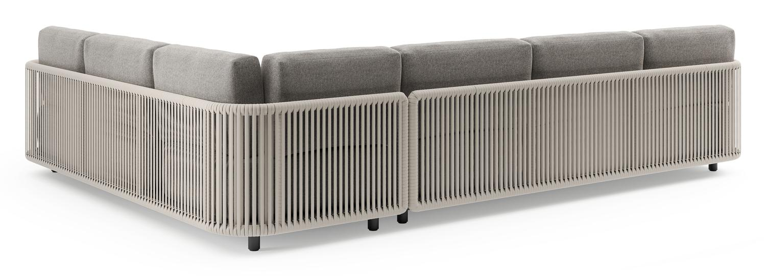 Organo loungehoek in zwart aluminium en beige verticaal geweven luxe vlakke rope met chartres drizzle all weather Sunbrella® luxe kussen