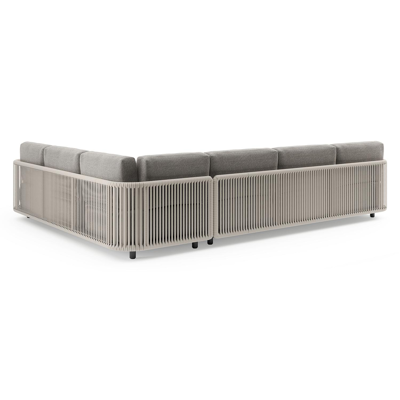 Organo loungehoek in zwart aluminium en beige verticaal geweven luxe vlakke rope met chartres drizzle all weather Sunbrella® luxe kussen