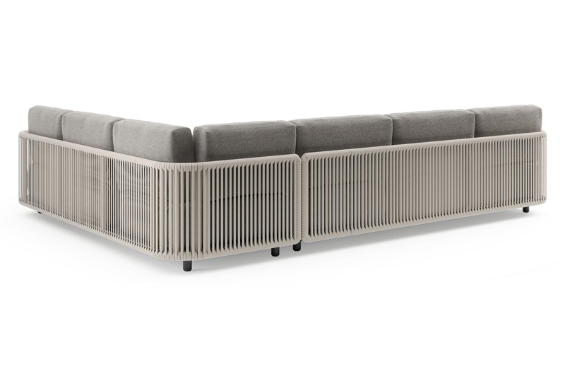 Organo loungehoek in zwart aluminium en beige verticaal geweven luxe vlakke rope met chartres drizzle all weather Sunbrella® luxe kussen