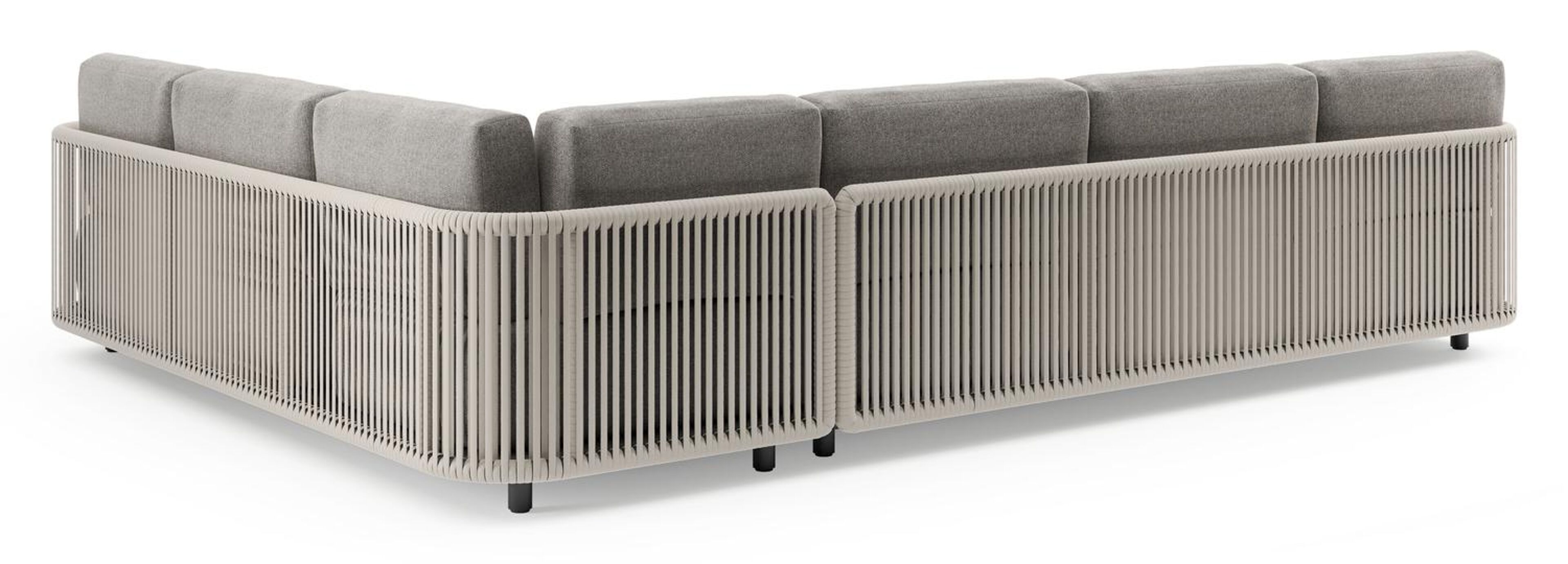 Organo loungehoek in zwart aluminium en beige verticaal geweven luxe vlakke rope met chartres drizzle all weather Sunbrella® luxe kussen