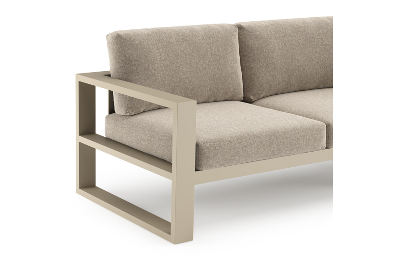 Salon de jardin d'angle Verato en aluminium beige et coussins en all weather sunbrella® luxe chartres pewter