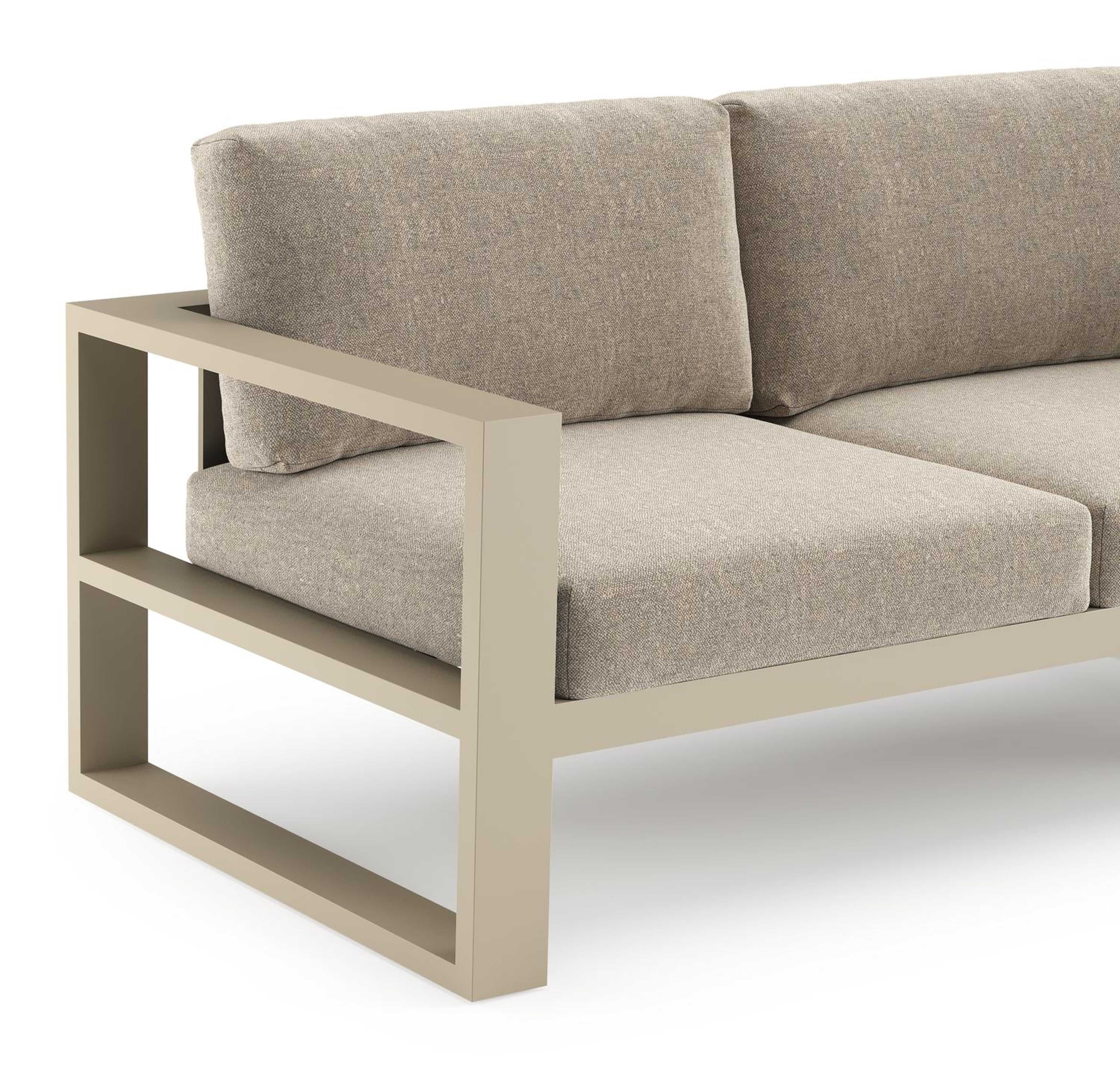 Salon de jardin d'angle Verato en aluminium beige et coussins en all weather sunbrella® luxe chartres pewter