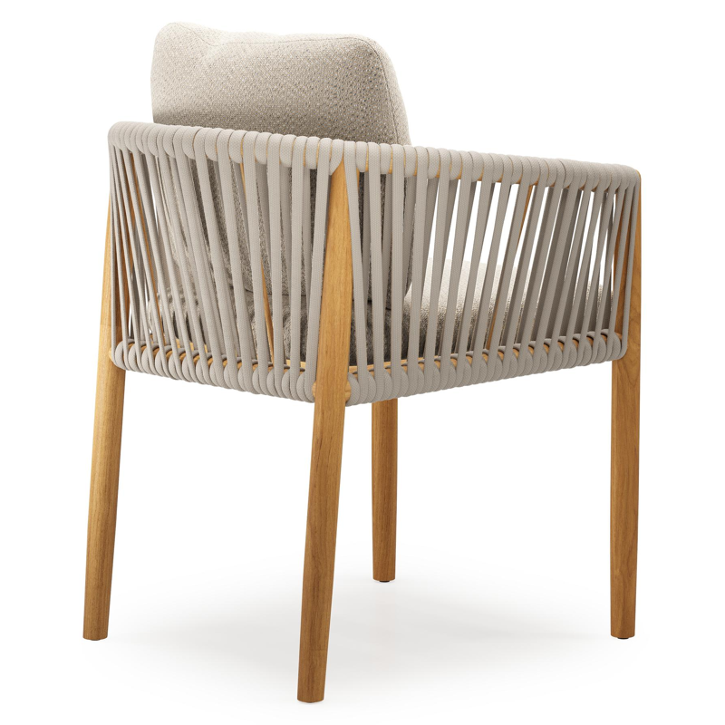 Organo tuinstoel in teak en beige verticaal geweven luxe vlakke rope met zitkussen in All Weather Sunbrella® Luxe Lopi Sand
