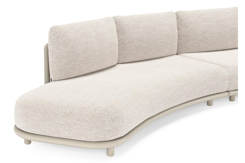 Lomano loungehoek in beige aluminium en beige verticaal geweven luxe vlakke rope met Tundra Sand all weather sunbrella® luxe