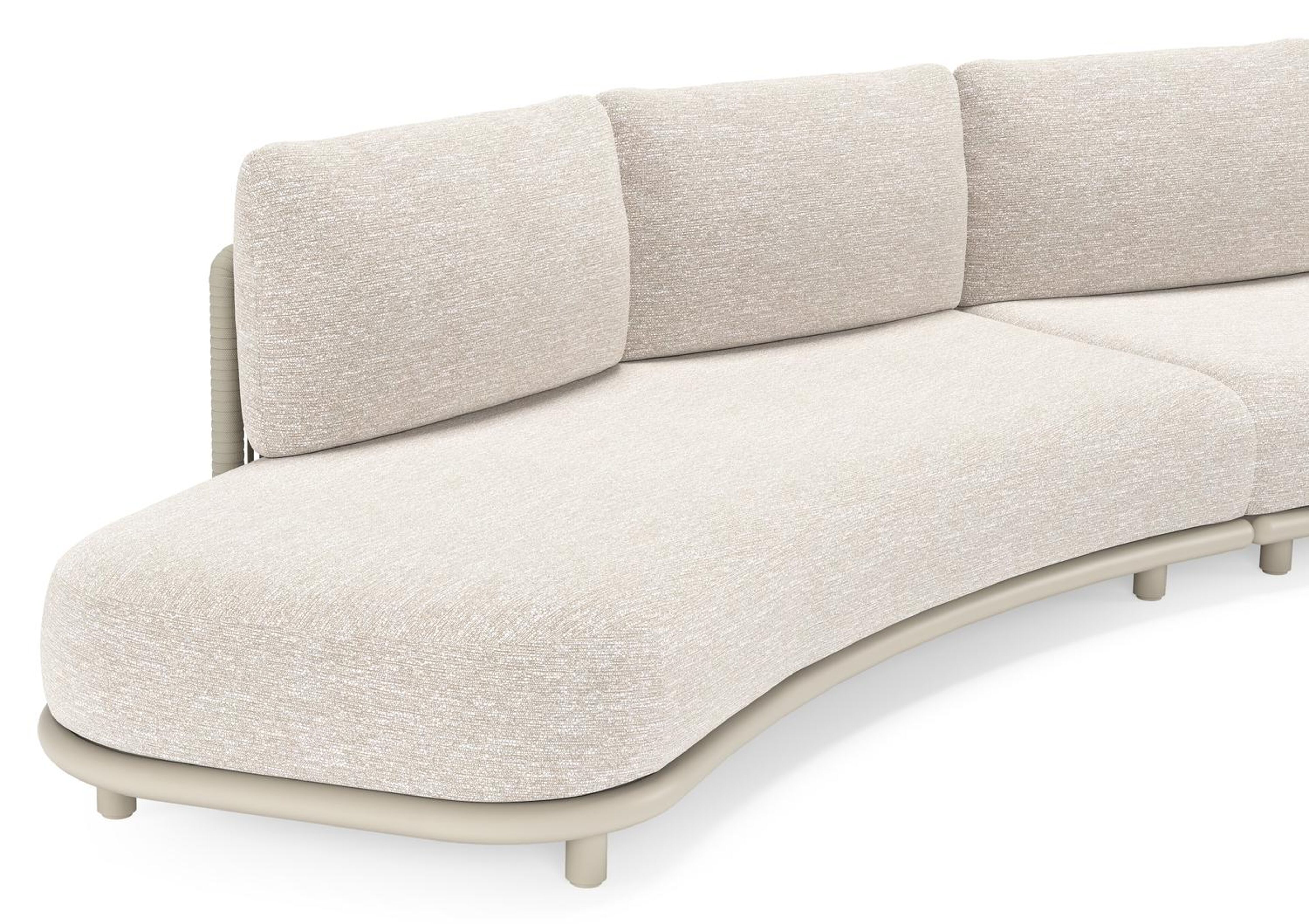 Salon de jardin d'angle Lomano en aluminium beige et corde luxe plate tissée verticalement beige et coussins en all weather sunbrella® luxe Tundra Sand