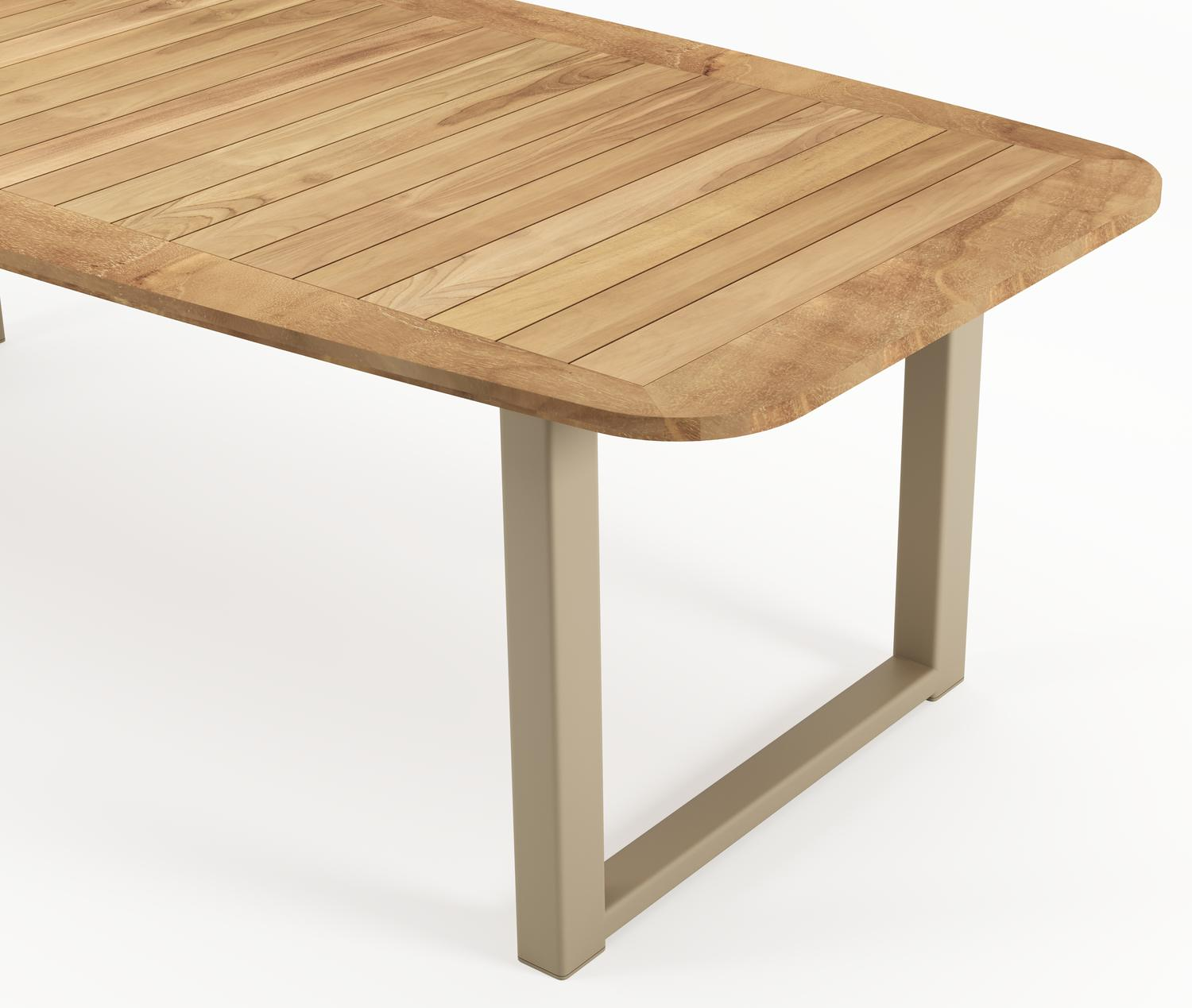 Table de jardin Livo forme de bateau en aluminium beige et teck Naturel - Lg. 250 x Lrg. 110 x Haut. 73 cm