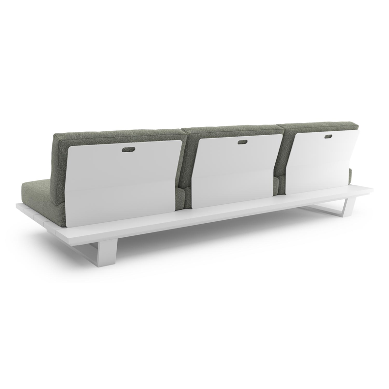 Canapé de jardin Pagino en aluminium blanc et coussins en all weather sunbrella® luxe savane leaf