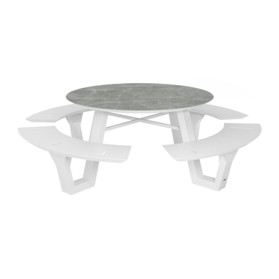 Table de pique-nique Rondino en aluminium blanc et céramique pleine - Dia. 236 x H 71,5 cm