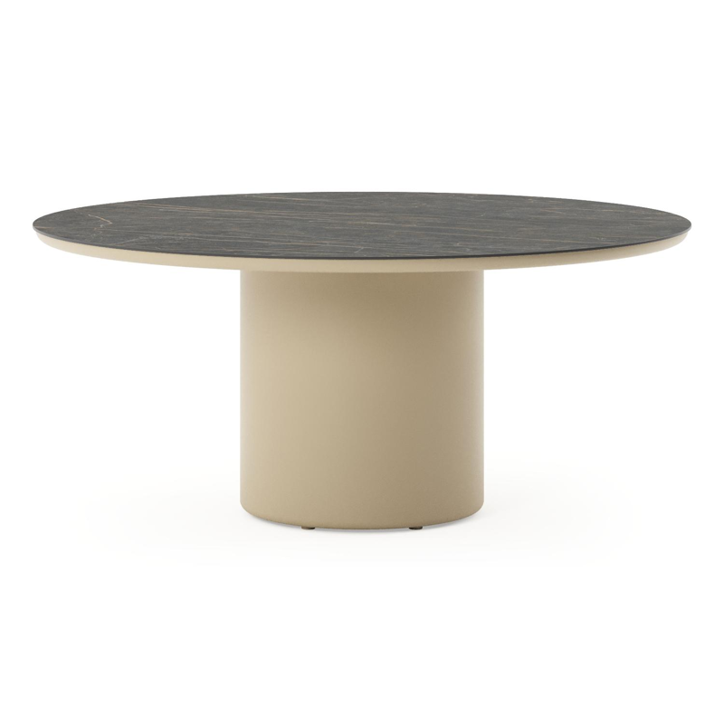 Amico low dining tuintafel rond in beige aluminium en volkeramiek Black Obsession - Dia. 148 x H 61 cm