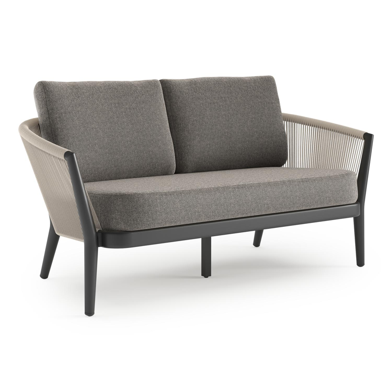 Canapé de jardin Orso en aluminium noir en corde ronde tissée verticalement beige et coussins en all weather sunbrella® luxe Chartres Drizzle