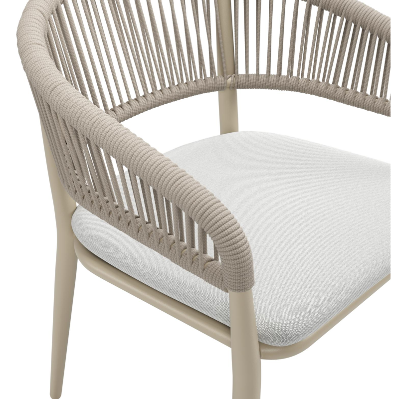 Tolfa stapelbare tuinstoel in beige aluminium en beige verticaal geweven ronde rope met stoelkussen in All Weather Sunbrella® Luxe Natte Grey Chine