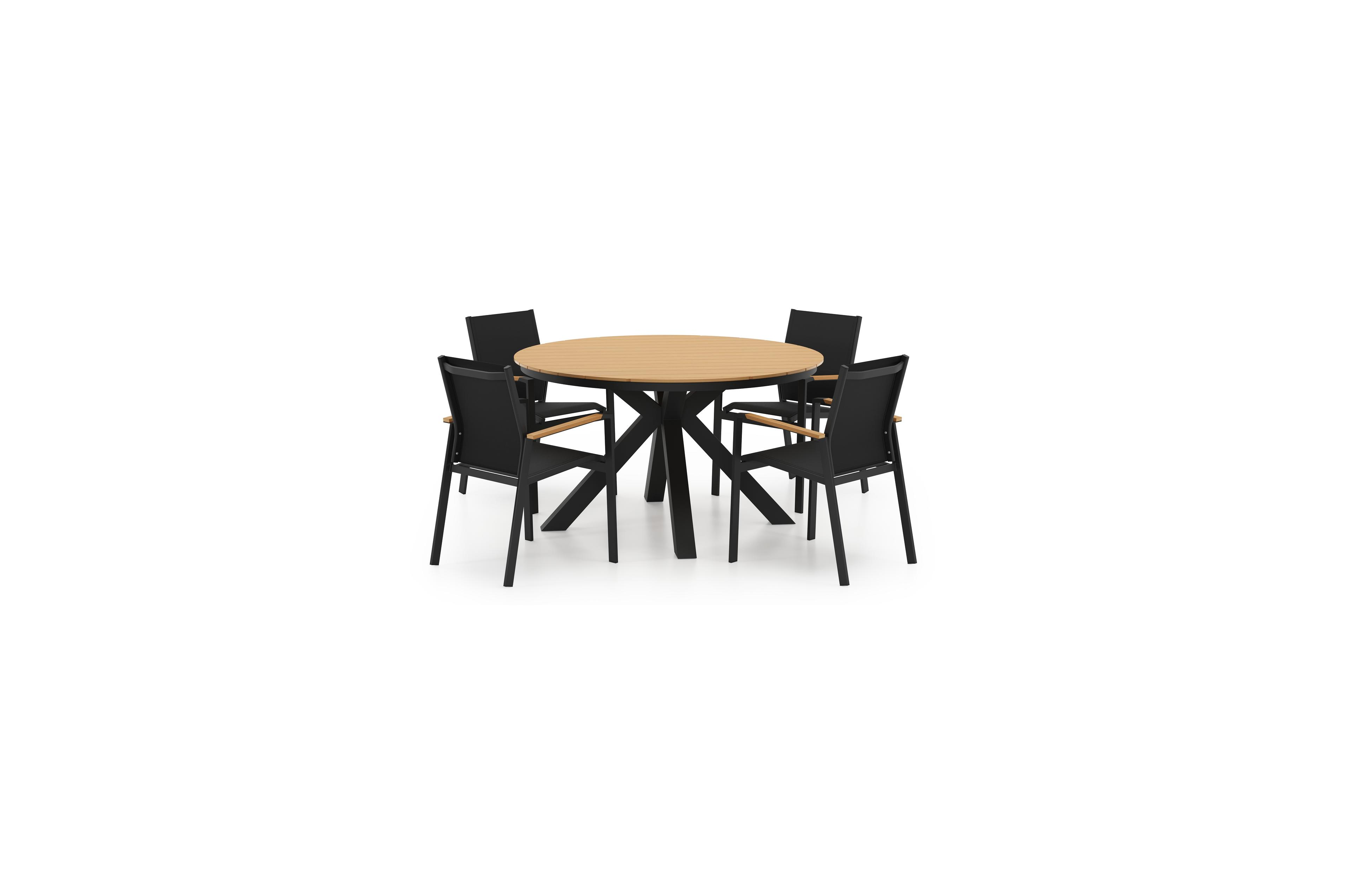 Tora tuinset in zwart aluminium en polywood met 4 Bahia polywood tuinstoelen