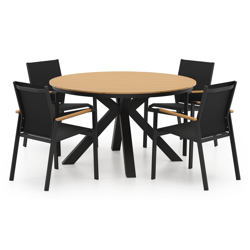 Tora tuinset in zwart aluminium en polywood met 4 Bahia polywood tuinstoelen