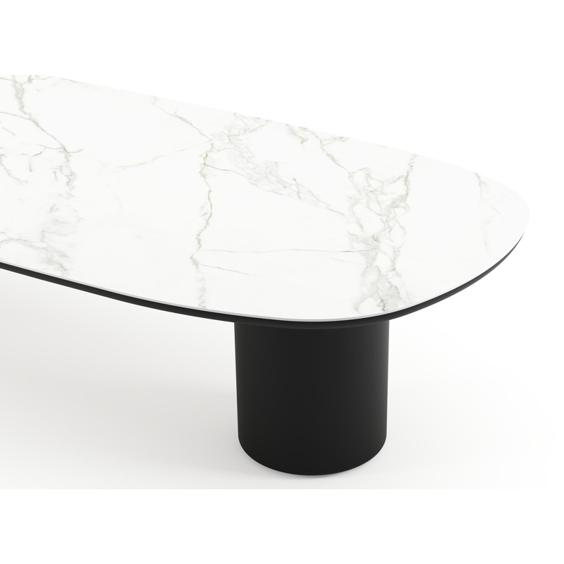 Table de jardin low dining Amico bombo en aluminium noir et céramique pleine Calacatta - Lg. 320 x Lrg. 130 x Haut. 61 cm