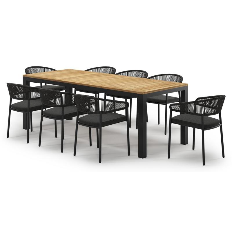 Varese tuinset in zwart aluminium en teak met 8 Zamora tuinstoelen