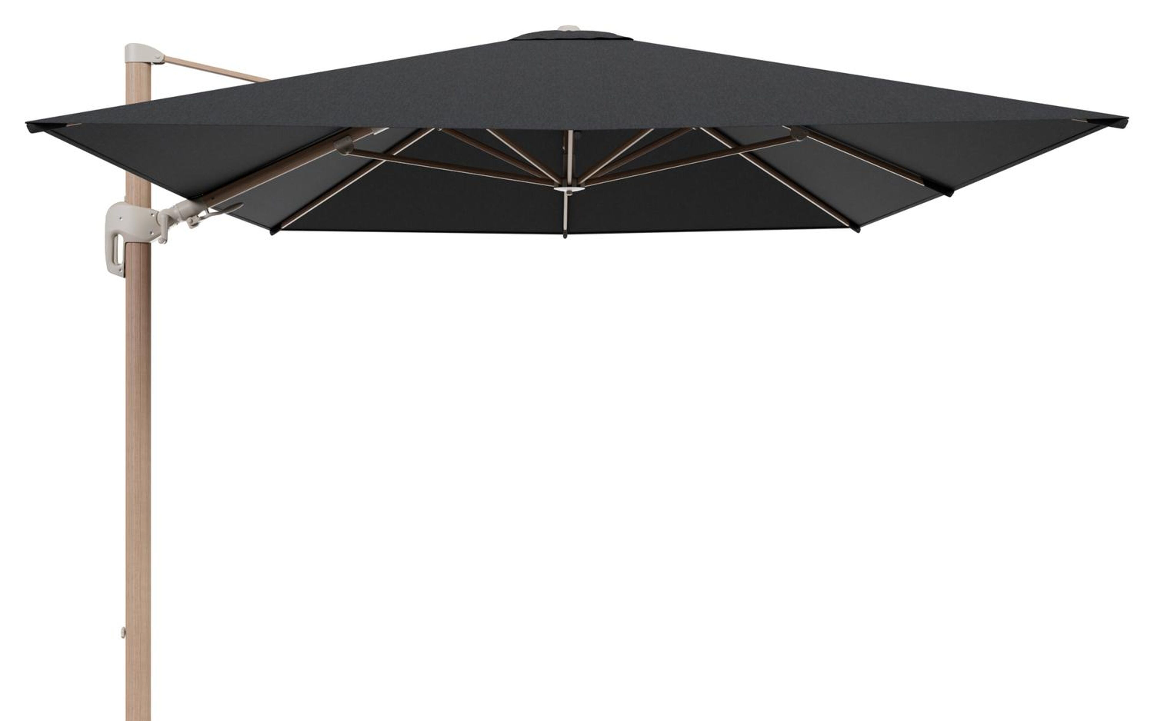 Rufina zweefparasol tiltfunctie in houtlook aluminium en parasoldoek in All Weather Sunbrella® Luxe Chartres Sooty - L1 400 x L2 300 cm (zonder voet)