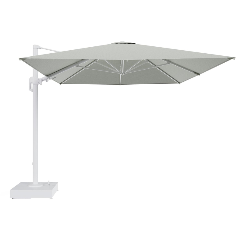 Rufina zweefparasol met tiltfunctie in wit aluminium en Slow Spirea All Weather Sunbrella® Luxe parasoldoek - L1 400 x L2 300 cm met parasolvoet Minore 150 kg met wielen