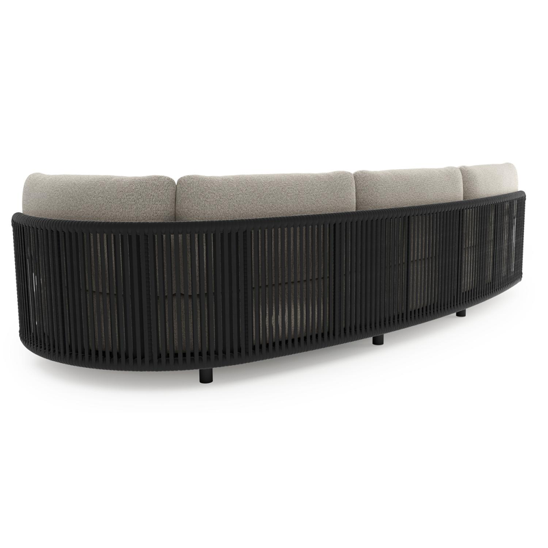 Lomano loungebank in zwart aluminium en zwart verticaal geweven luxe vlakke rope met firenze sand all weather solica kussen