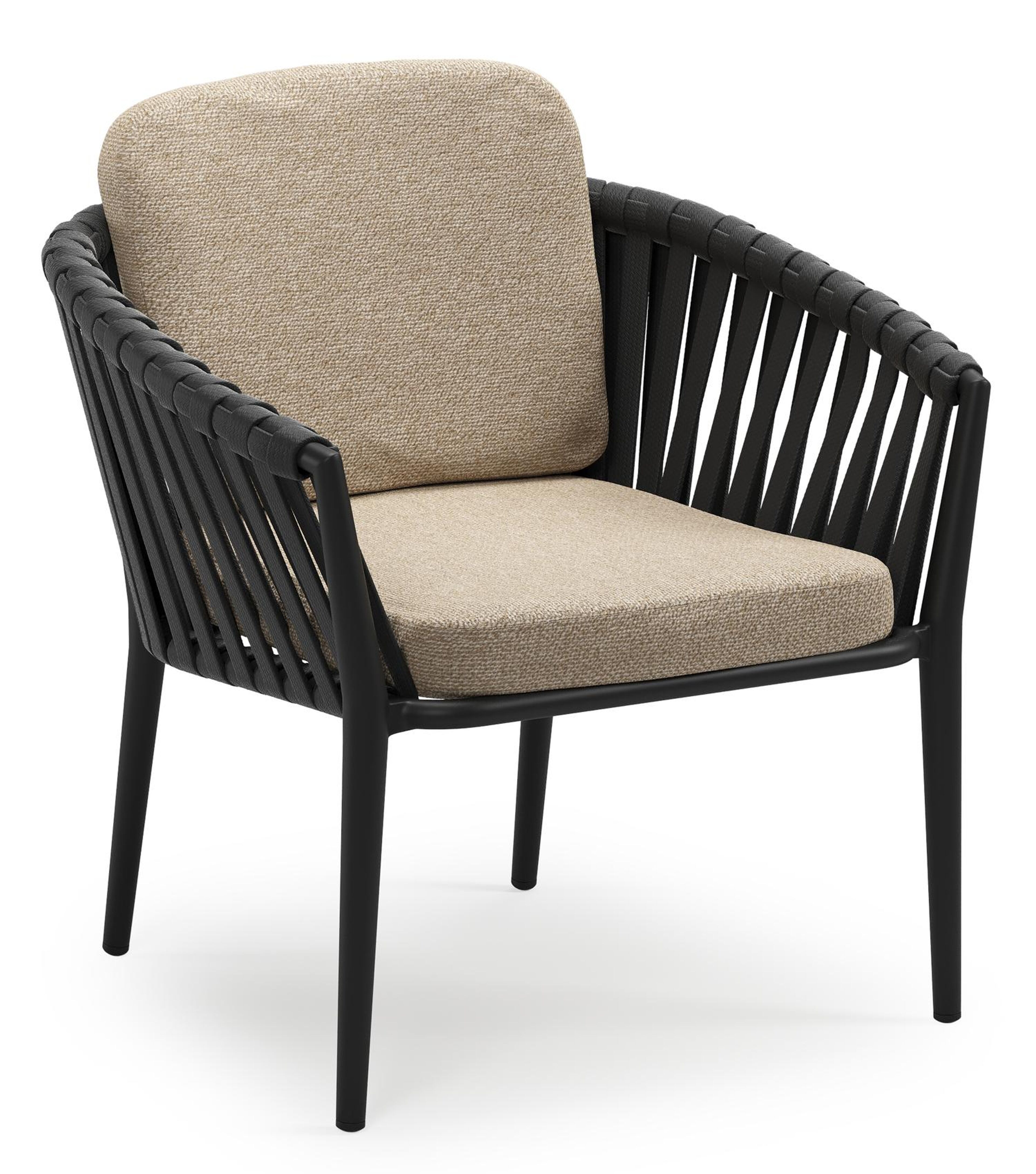 Orso low dining tuinstoel in zwart aluminium en zwart verticaal geweven luxe vlakke brede rope met stoelkussen in All Weather Cosytica Madagascar Oak