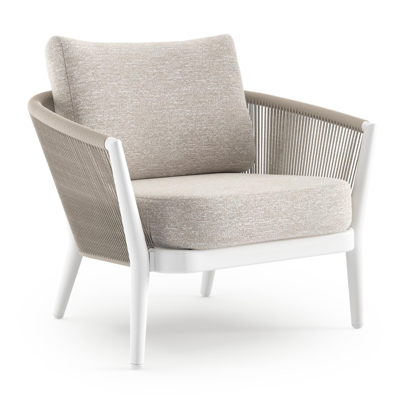 Fauteuil de jardin Orso en aluminium blanc en corde ronde tissée verticalement beige et coussins en all weather sunbrella® luxe Tundra Sand