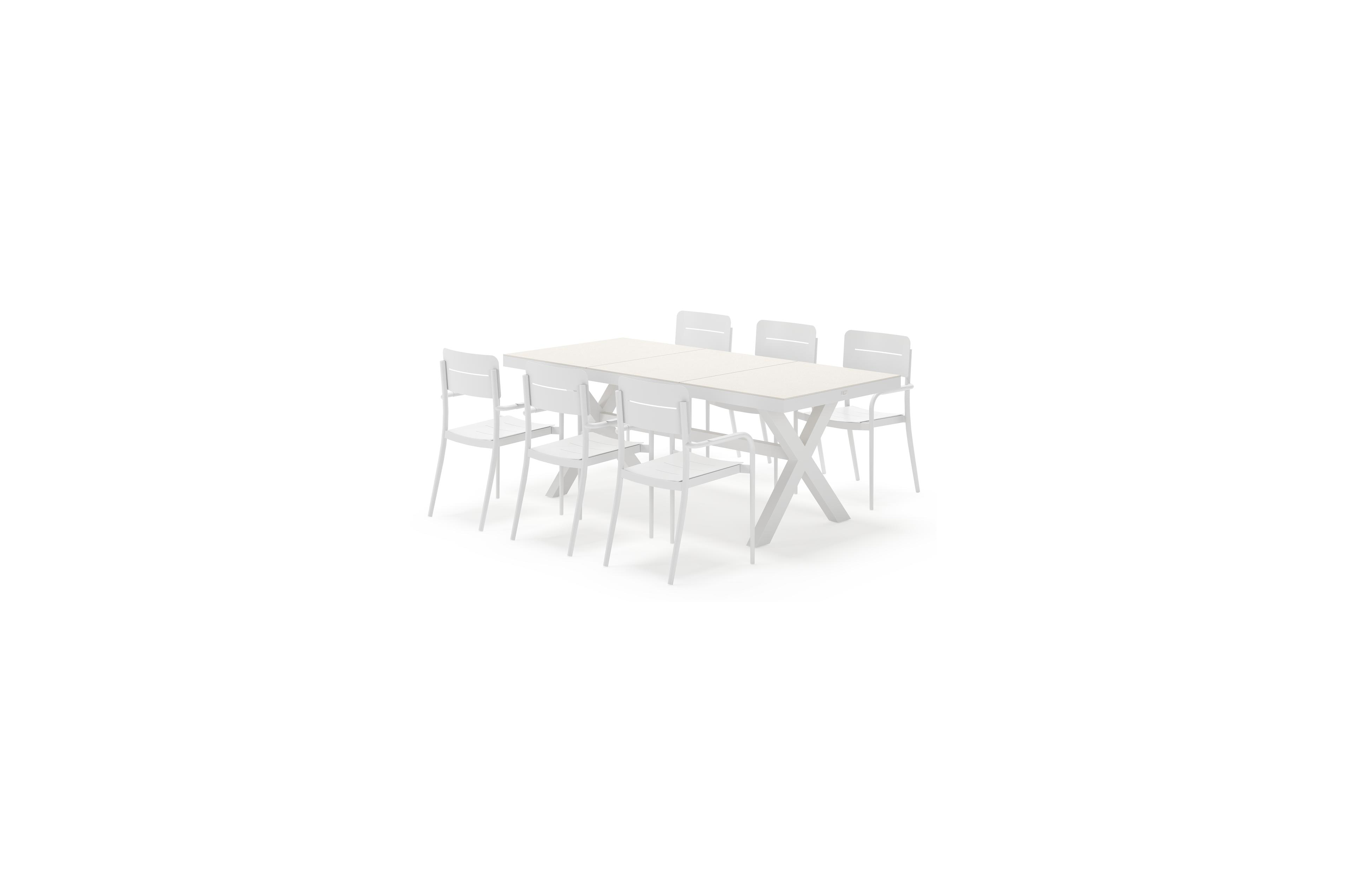 Bahia tuinset rechthoekig in wit aluminium en sintered stone beige met 6 Salto tuinstoelen