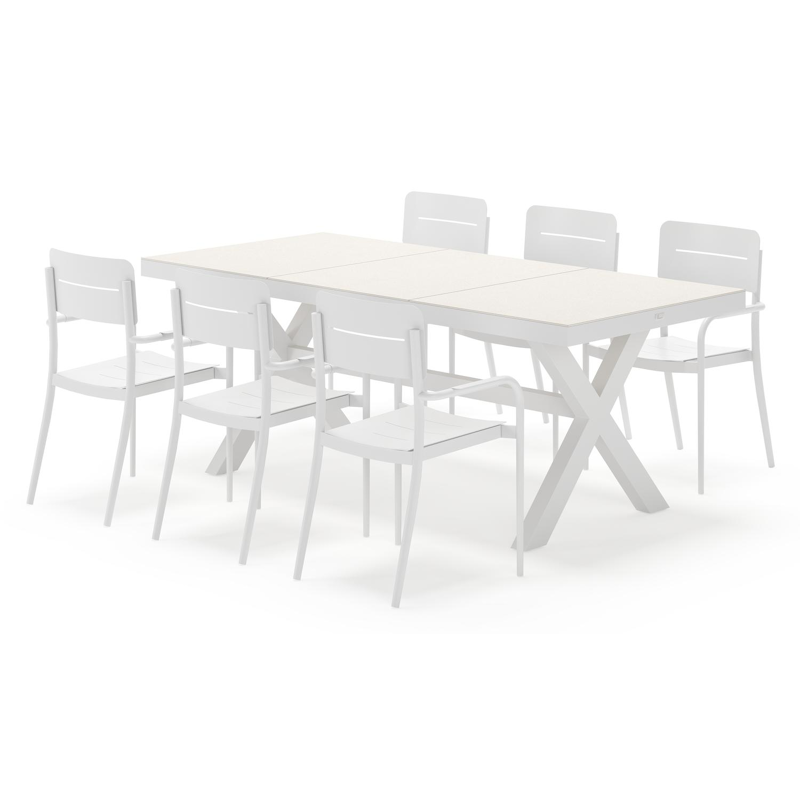 Bahia tuinset rechthoekig in wit aluminium en sintered stone beige met 6 Salto tuinstoelen