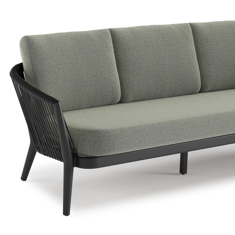 Orso loungebank in zwart aluminium en zwart verticaal geweven luxe vlakke rope met Savane Leaf all weather sunbrella® luxe kussen