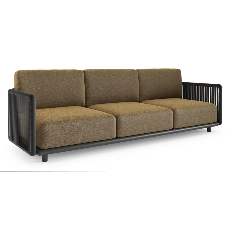 Canapé de jardin Organo en aluminium noir et corde luxe plate tissée verticalement noir et coussin en all weather Cosytica madagascar walnut