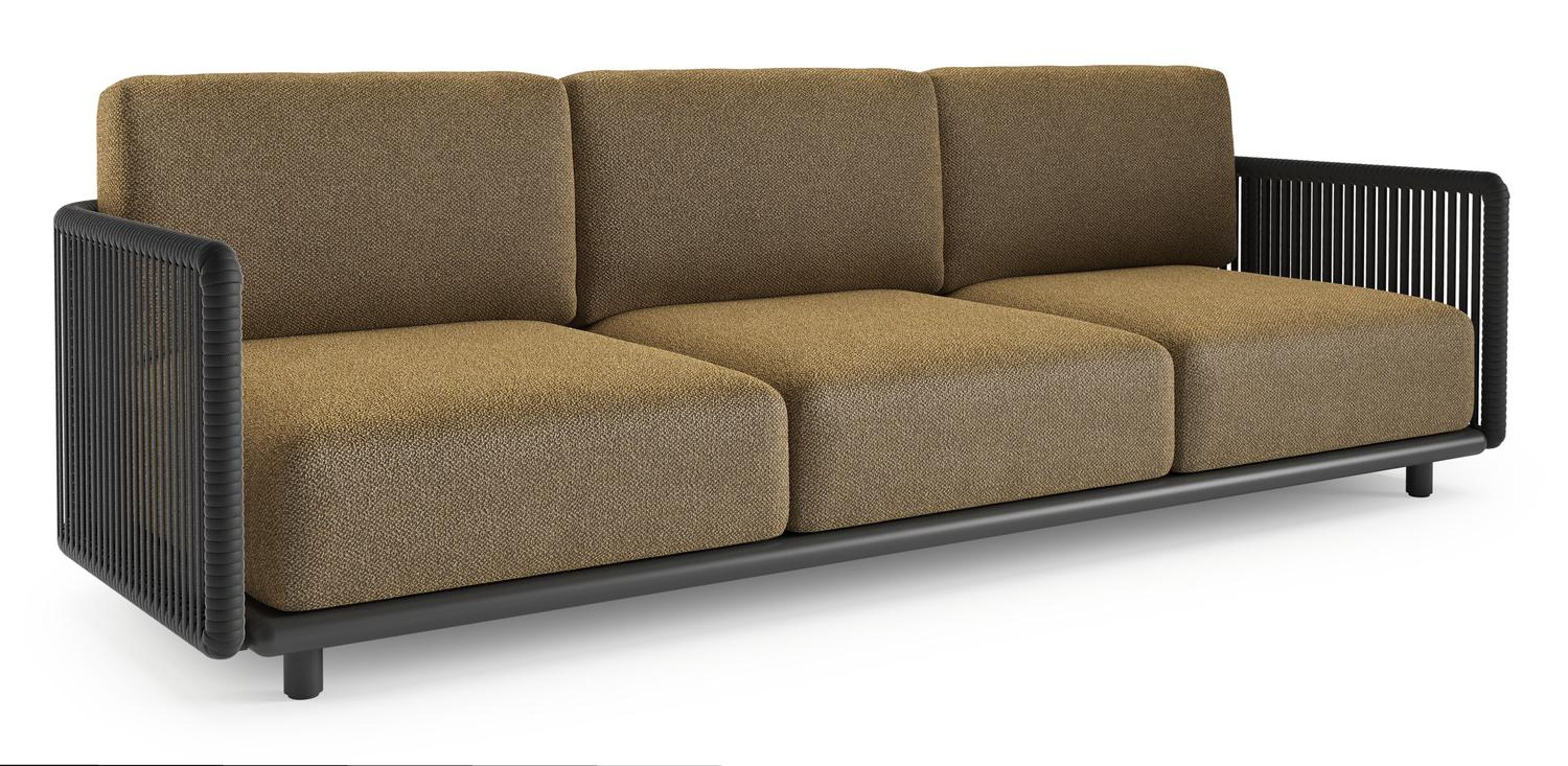 Canapé de jardin Organo en aluminium noir et corde luxe plate tissée verticalement noir et coussin en all weather Cosytica madagascar walnut