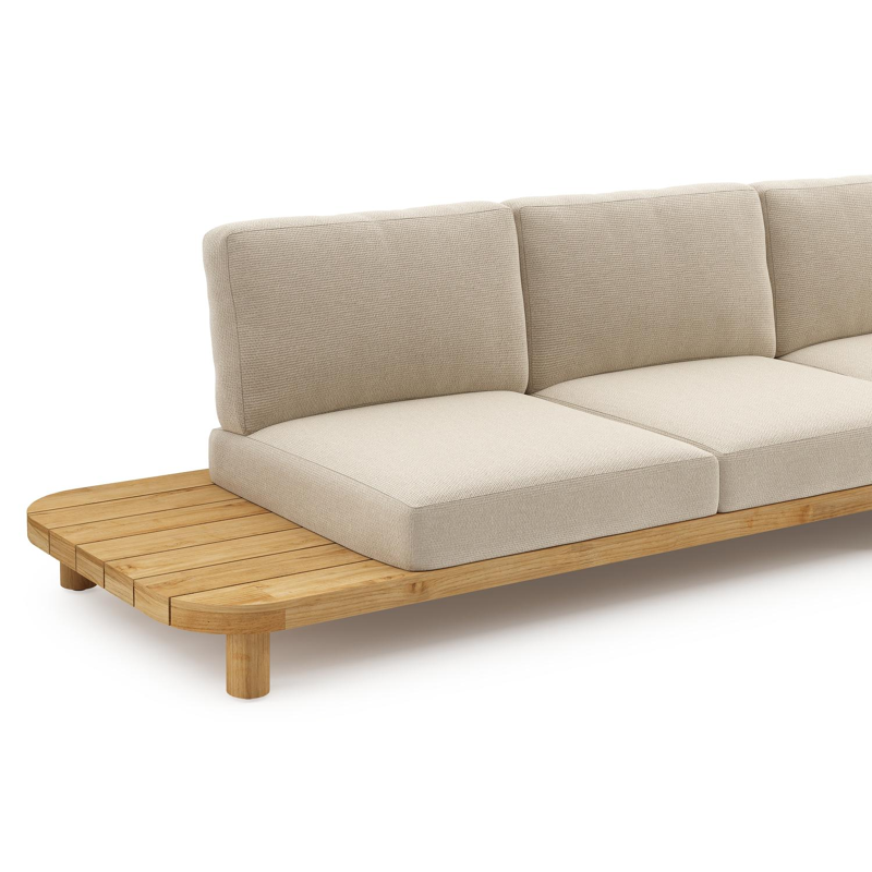 Donato loungehoek in teak en beige verticaal geweven ronde rope met all weather cosytica Althea Chalk kussen