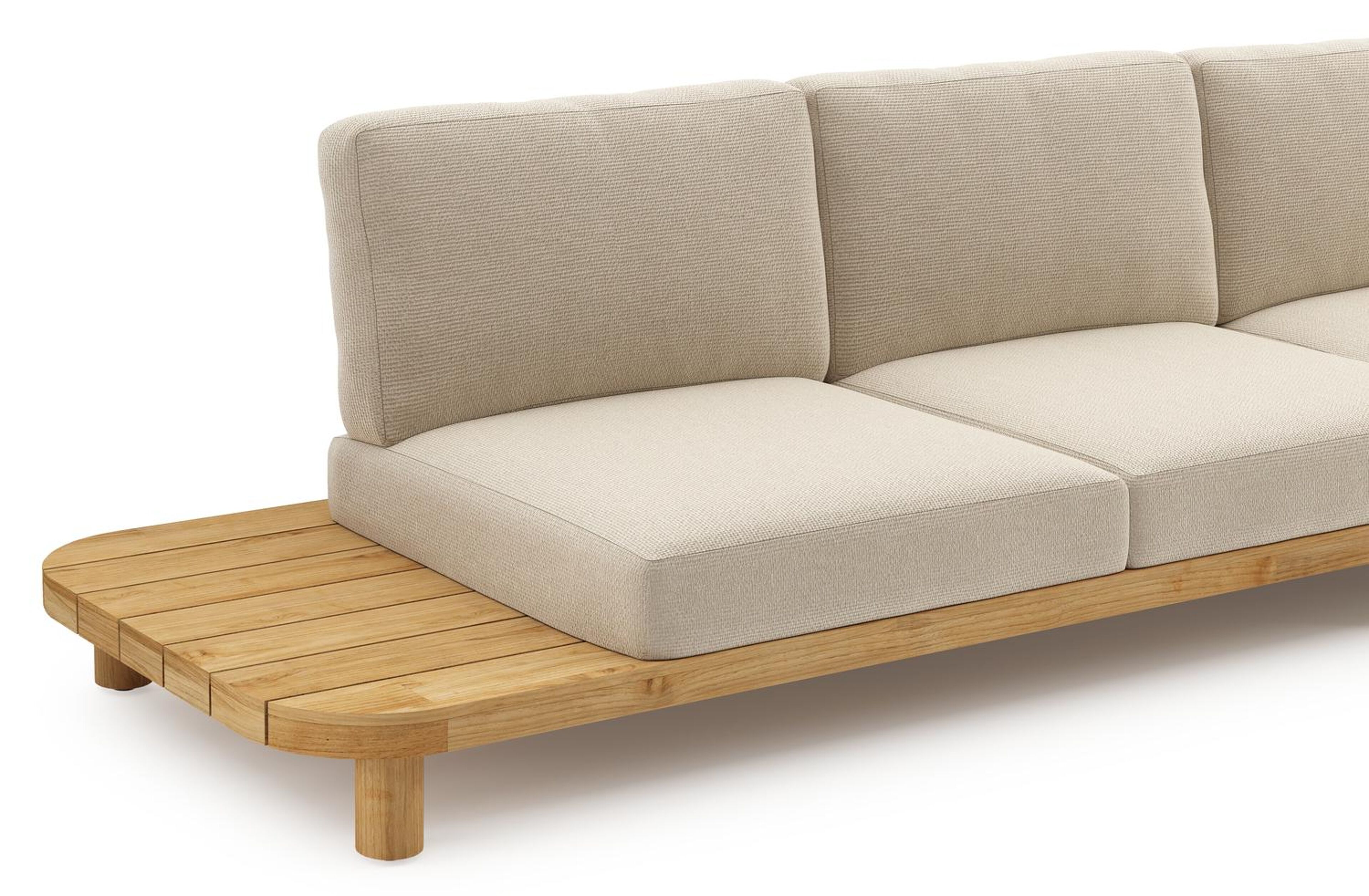 Salon de jardin d'angle Donato en teck et corde ronde tissée verticalement beige et coussins en all weather cosytica Althea Chalk