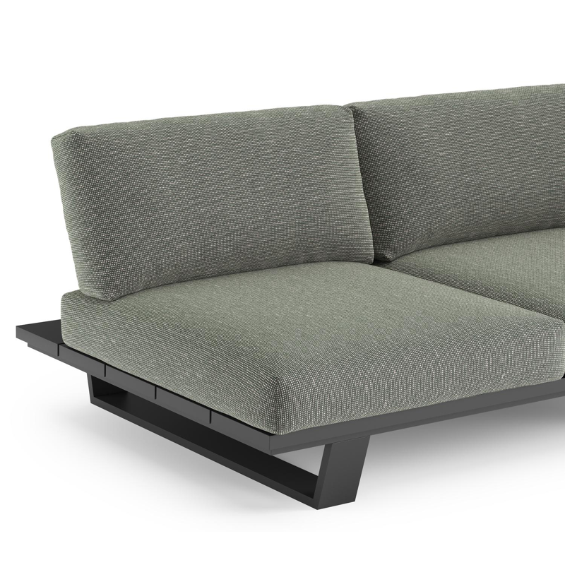 Canapé de jardin Pagino en aluminium noir et coussins en all weather sunbrella® luxe slow fern