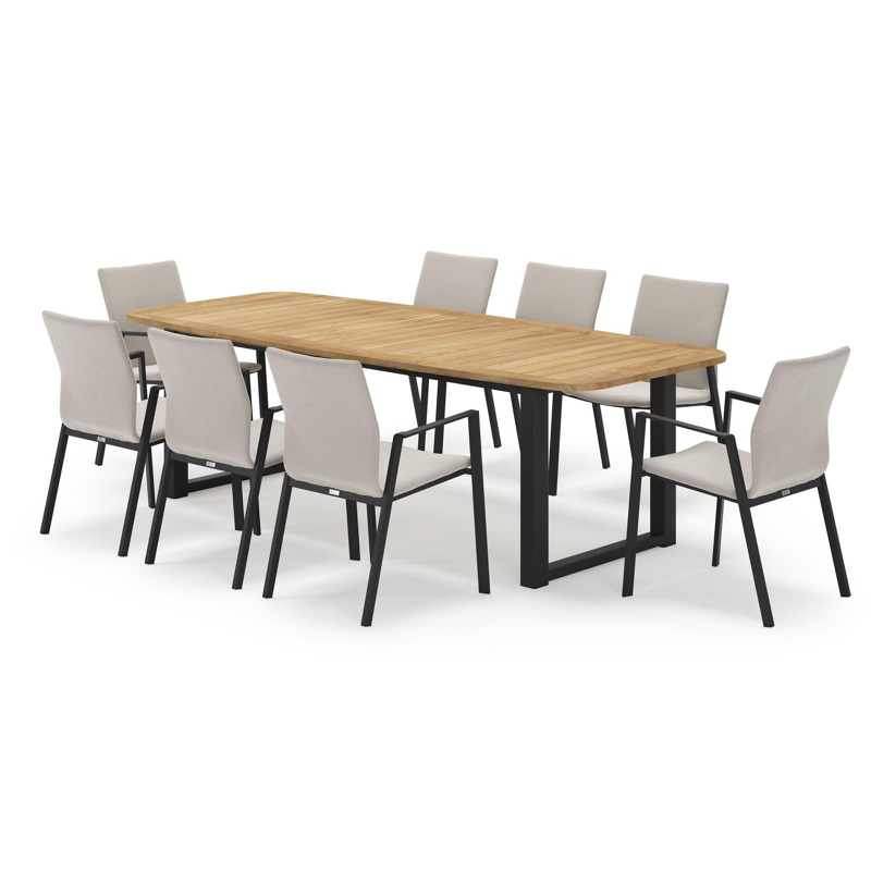 Livo ensemble de jardin forme de bateau en aluminium noir en teck natural finish avec 8 chaises de jardin Madura