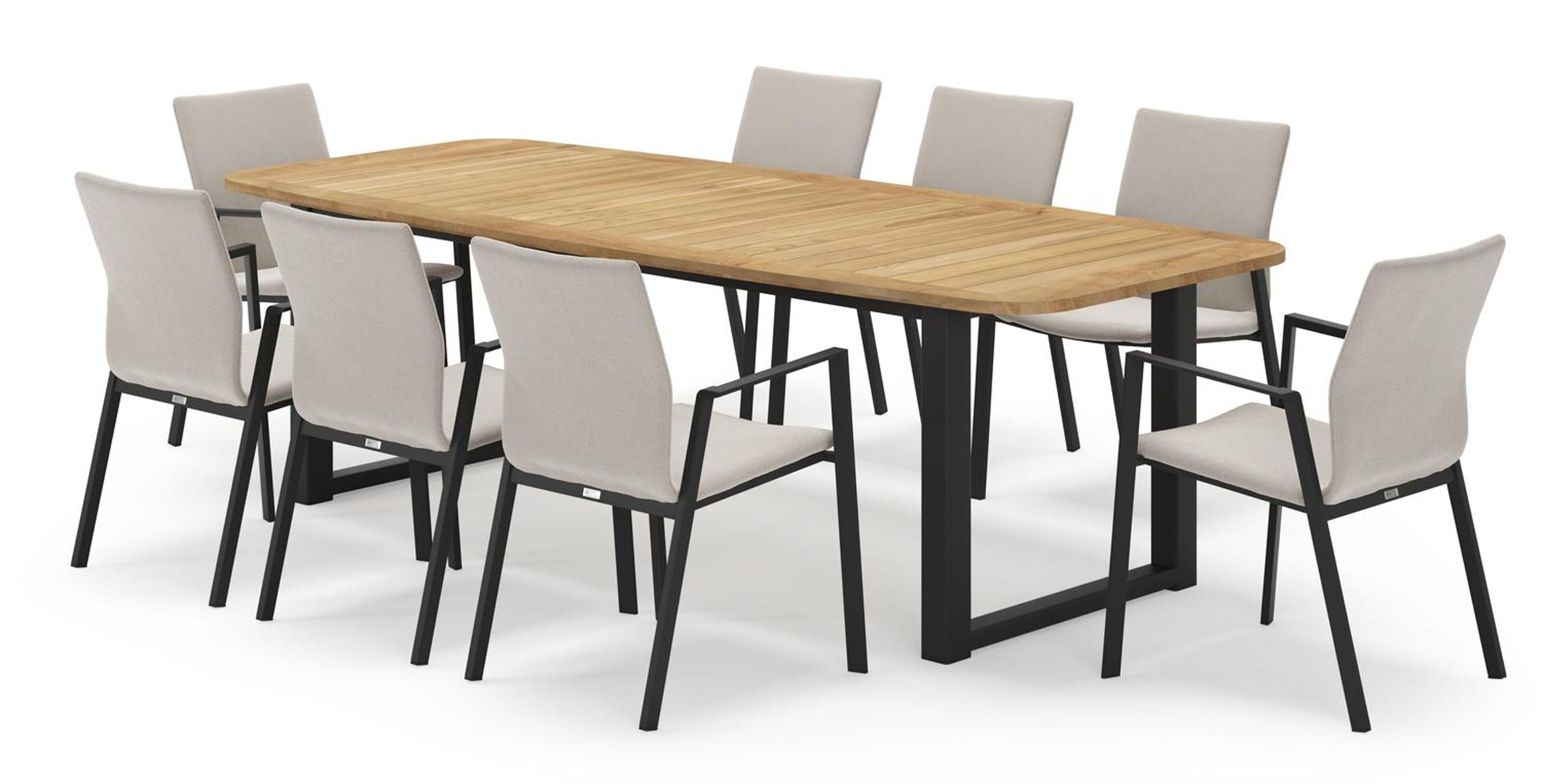 Livo bootvormige tuinset in zwart aluminium en teak natural finish met 8 Madura tuinstoelen