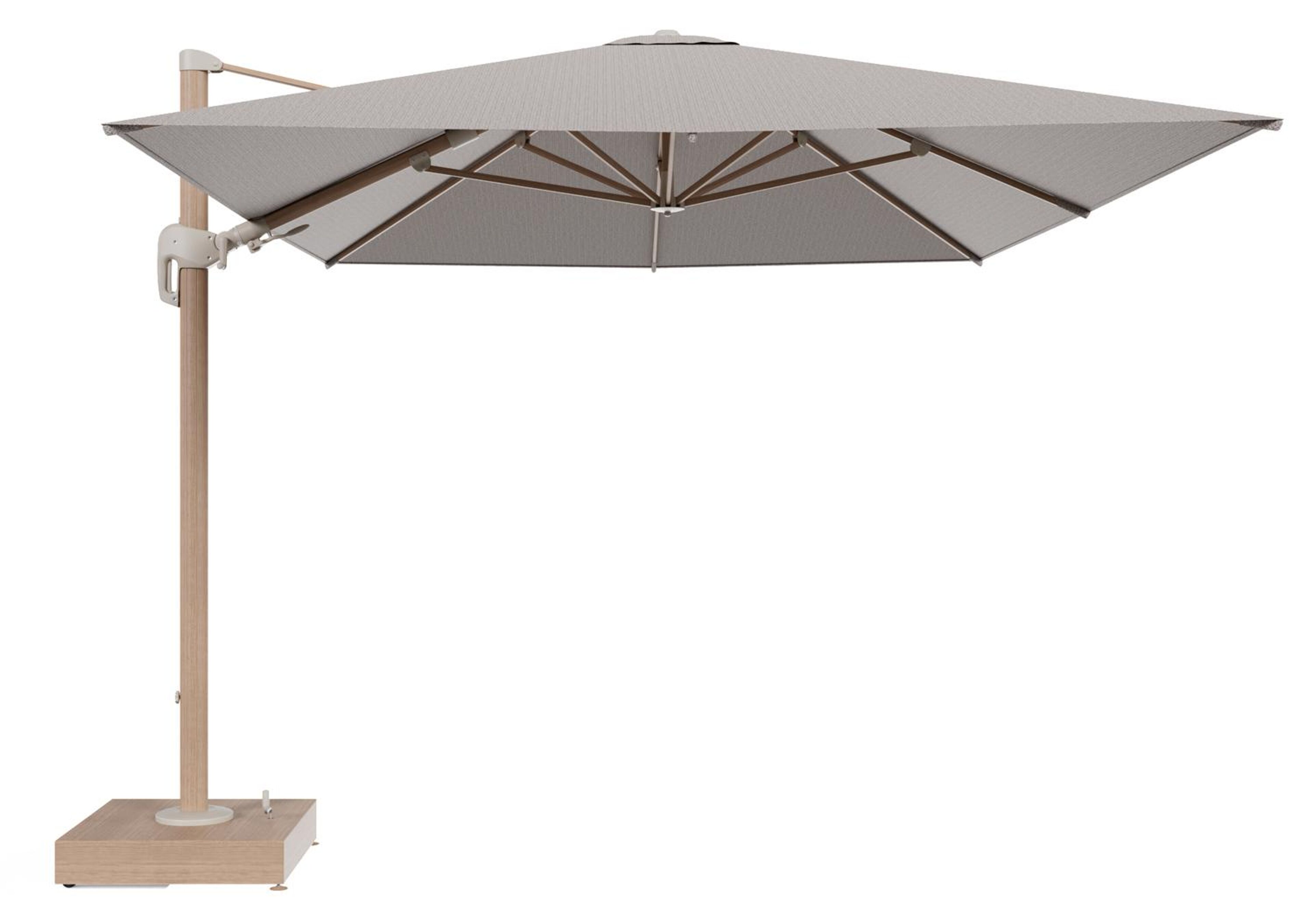 Parasol pendant Rufina tilt en aluminium aspect de bois et toile All Weather Sunbrella® Luxe Wander Granite - Lg.1 400 x Lg.2 300 cm avec pied de parasol Minore 150 kg avec roulettes