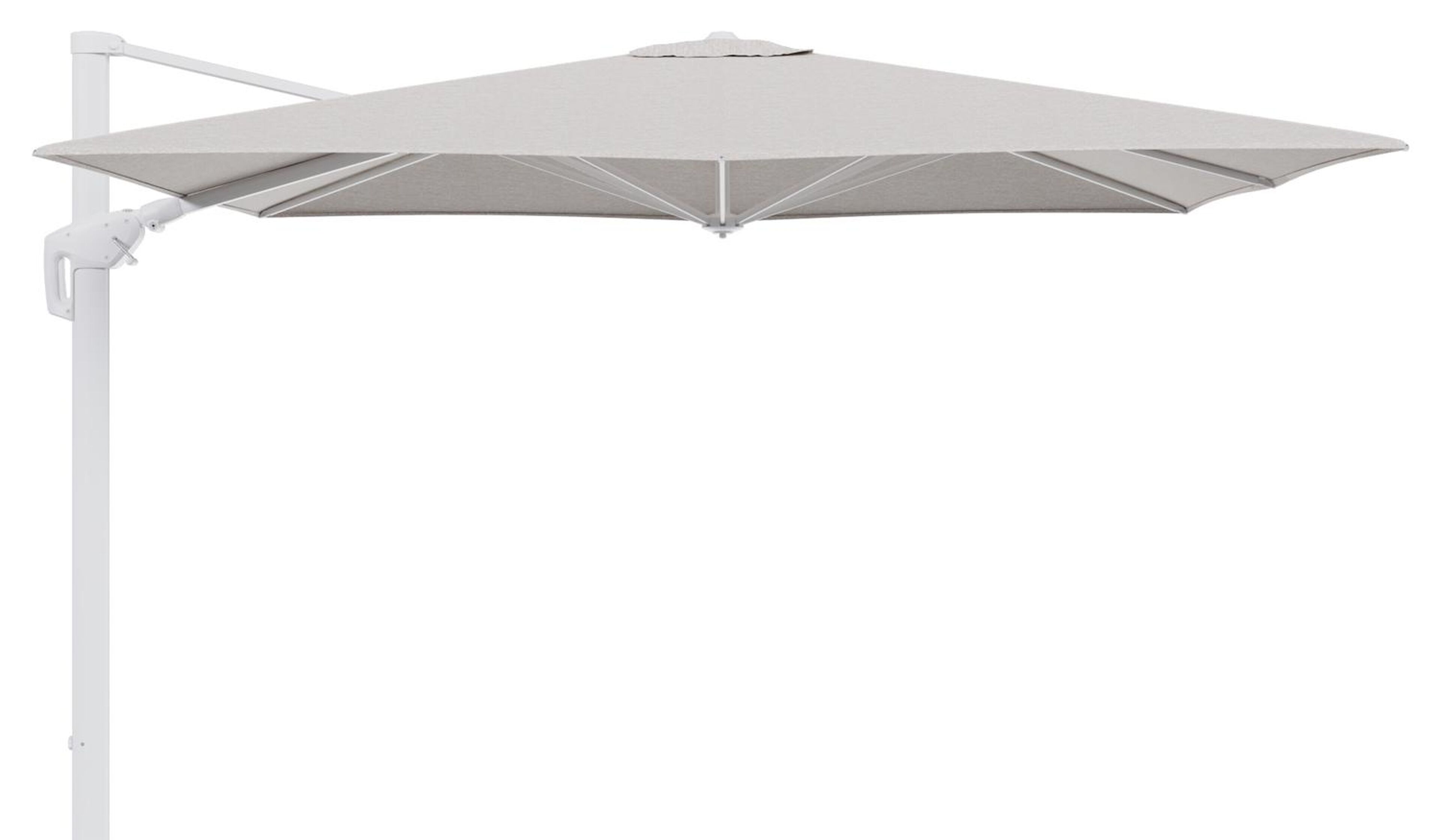 Minore zweefparasol tiltfunctie in wit aluminium en parasoldoek in All Weather Sunbrella® Luxe Tundra Sand  - L1 280 x L2: 370 cm (zonder voet) (zonder voet)