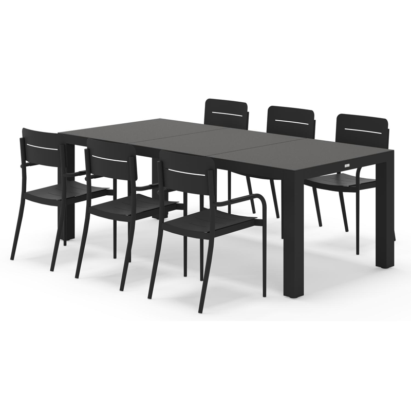 Calzo tuinset rechthoekig in zwart aluminium en sintered stone zwart met 6 Salto tuinstoelen