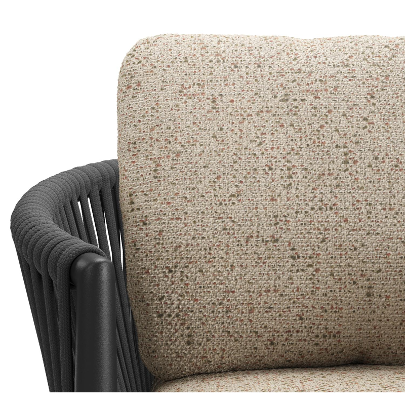 Organo tuinstoel in zwart aluminium en zwart verticaal geweven luxe vlakke rope met zitkussen in All Weather Cosytica Bora Jungle