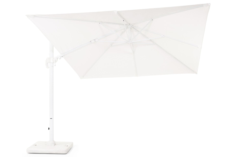 Avola zweefparasol met tiltfunctie in wit aluminium met wit weather+ softtouch parasoldoek - L1: 300 x L2: 300 cm (met voet)