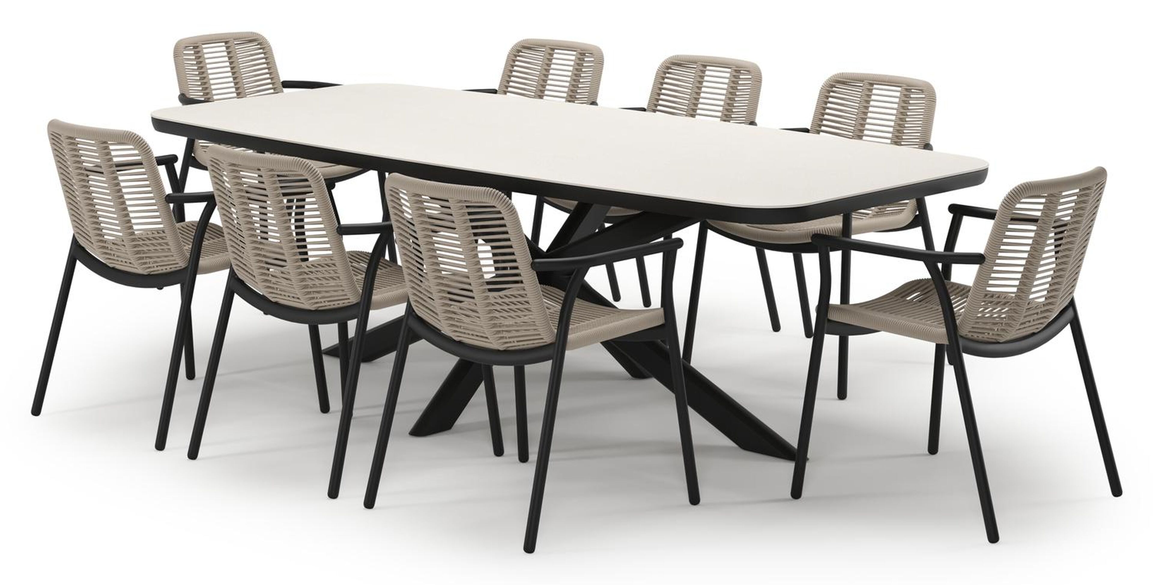 Pamplona tuinset in zwart aluminium en crema minerale sintered stone met 8 stapelbare Berga tuinstoelen