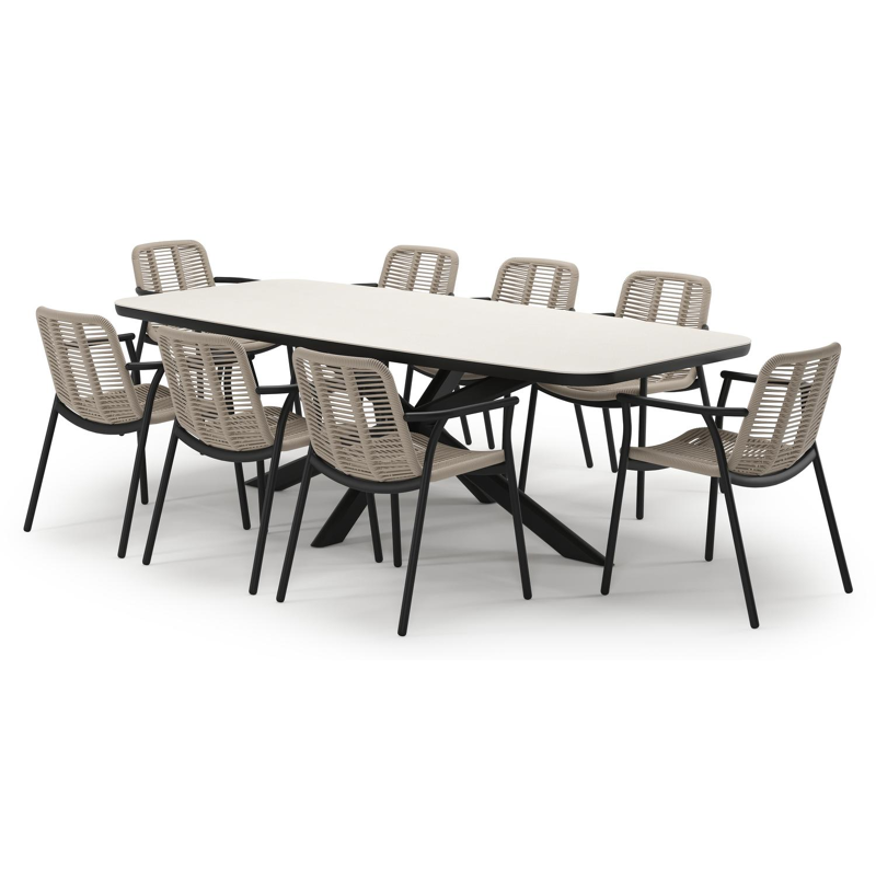 Pamplona tuinset in zwart aluminium en crema minerale sintered stone met 8 stapelbare Berga tuinstoelen
