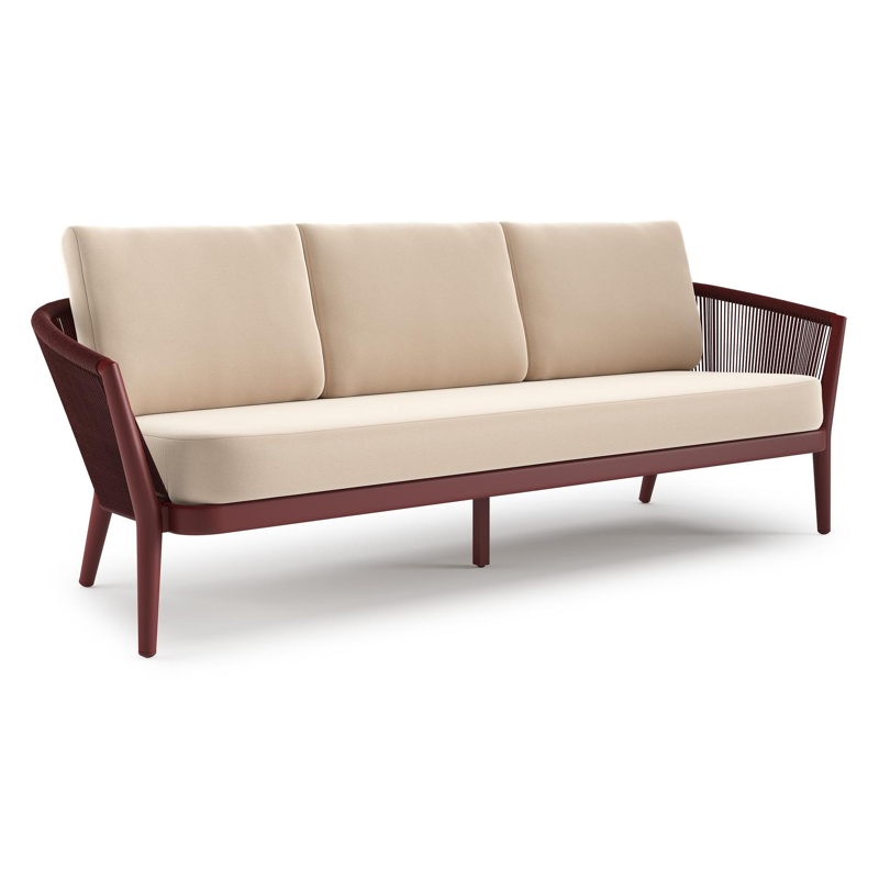 Canapé de jardin Orso en aluminium ruby en corde ronde tissée verticalement ruby et coussins en all weather sunbrella® luxe Natte Linen Chalk