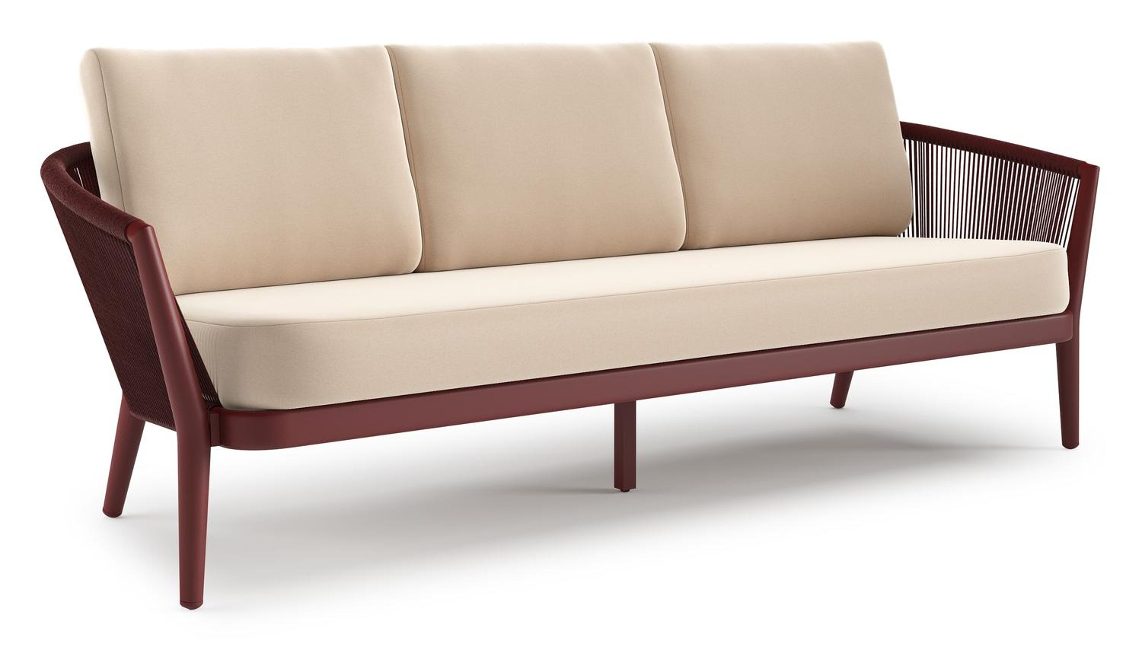 Orso loungebank in ruby aluminium en ruby verticaal geweven ronde rope met Natte Linen Chalk all weather sunbrella® luxe kussen