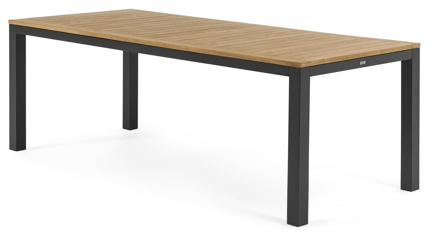 Varese tuinset in zwart aluminium en naturel teak tafelblad met 6 stapelbare Amalfi tuinstoelen