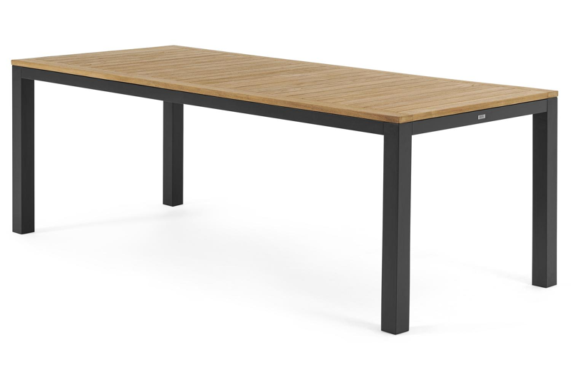 Varese tuinset in zwart aluminium en naturel teak tafelblad met 6 stapelbare Amalfi tuinstoelen