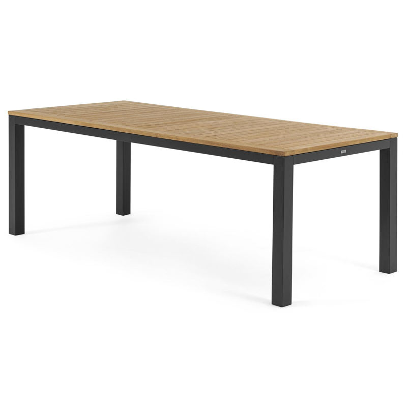 Varese tuinset in zwart aluminium en naturel teak tafelblad met 6 stapelbare Amalfi tuinstoelen