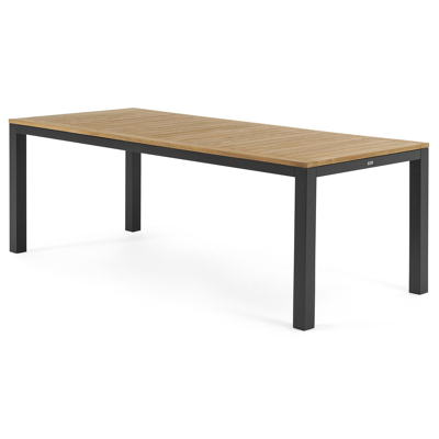 Varese tuinset in zwart aluminium en naturel teak tafelblad met 6 stapelbare Amalfi tuinstoelen